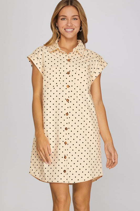 Cap Sleeve Polka Dot Shirt Dress w/ Pockets
