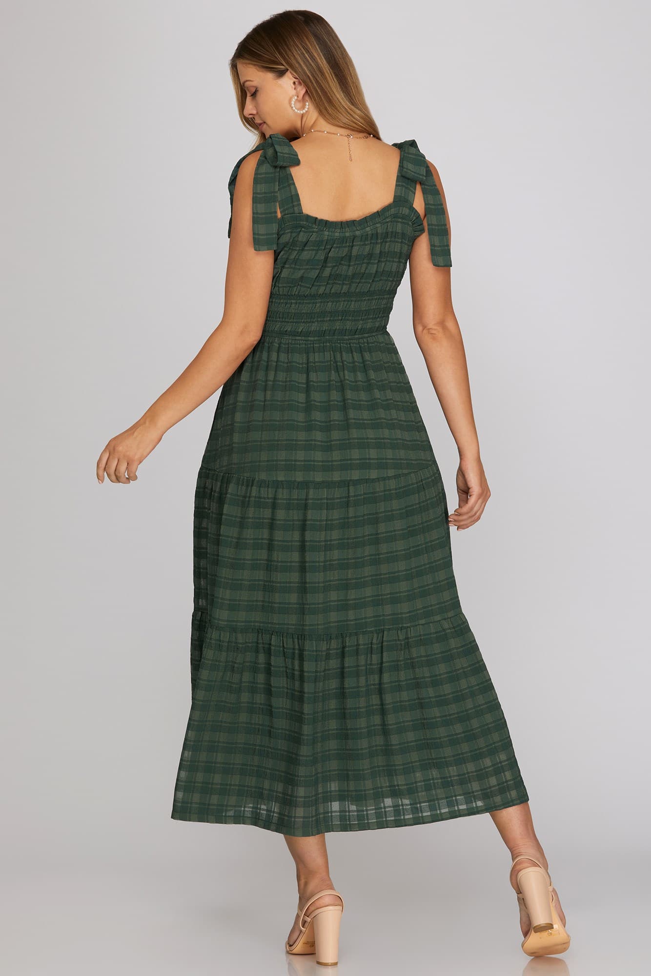 Tie Strap Textured Tiered Midi Dress