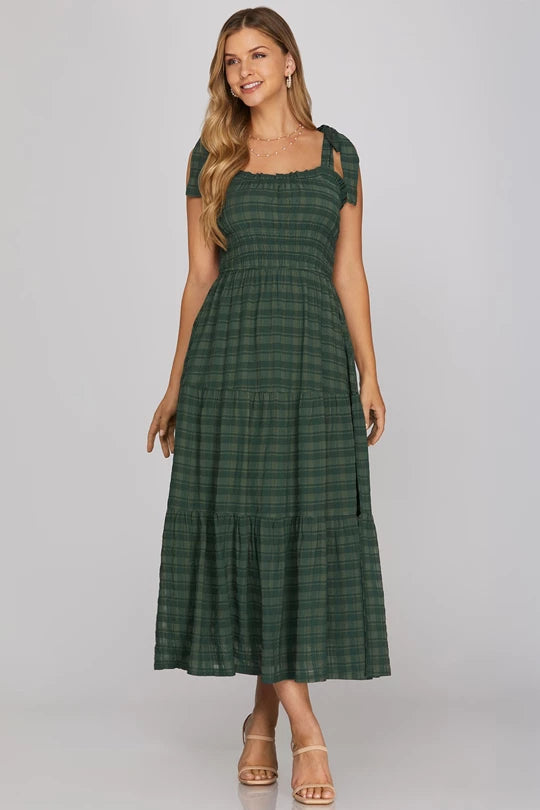 Tie Strap Textured Tiered Midi Dress