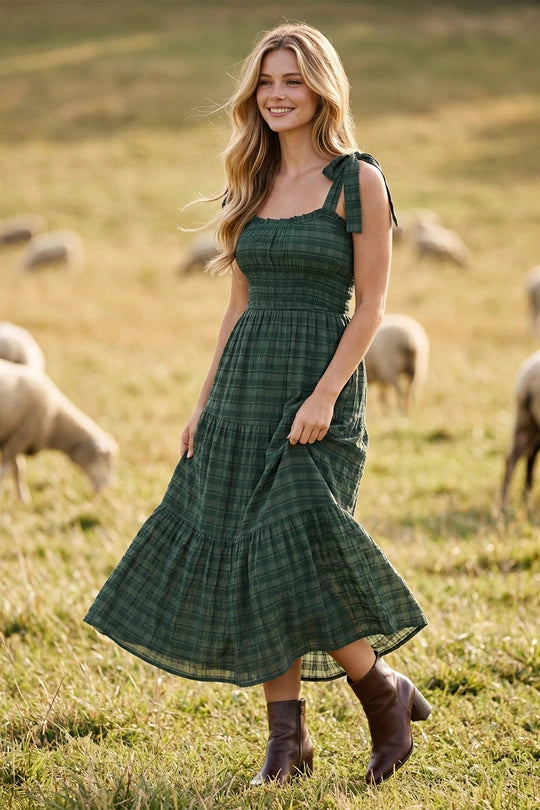 Tie Strap Textured Tiered Midi Dress