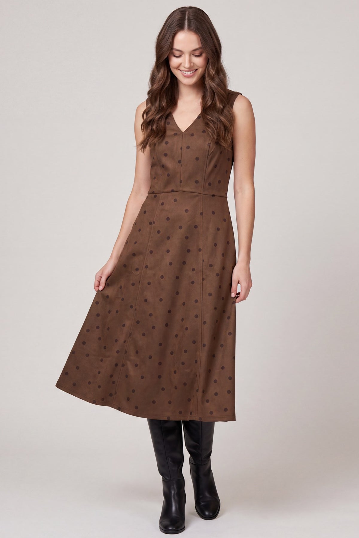 Faux Suede Polka Dot Sleeveless Midi Dress