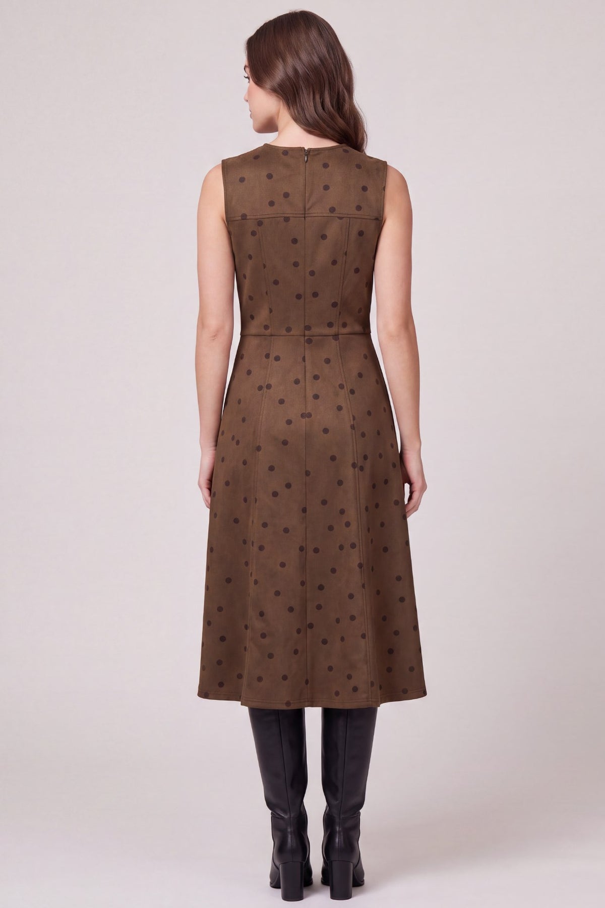 Faux Suede Polka Dot Sleeveless Midi Dress