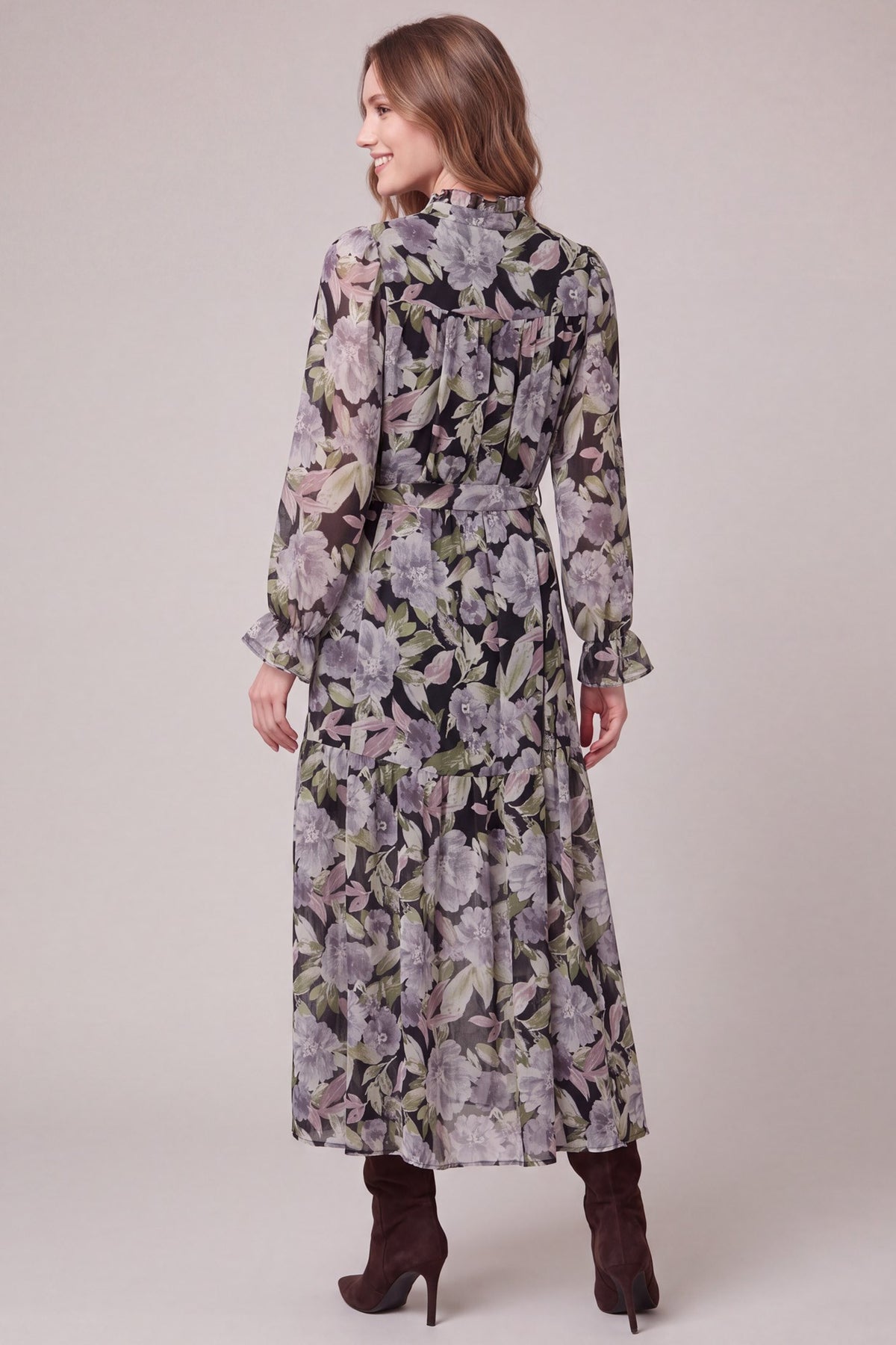 Ruffle Neck Floral Print Maxi Dress