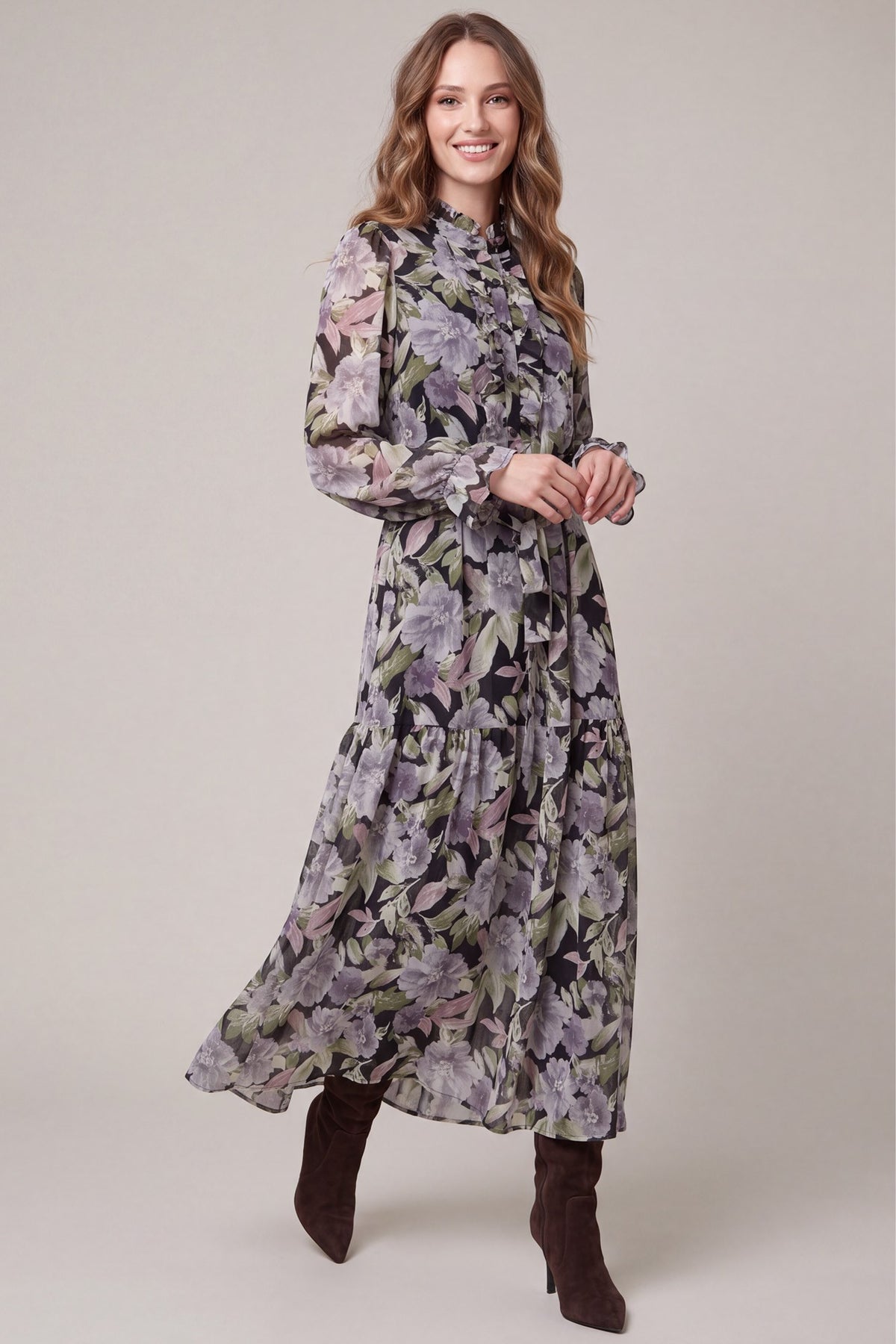 Ruffle Neck Floral Print Maxi Dress