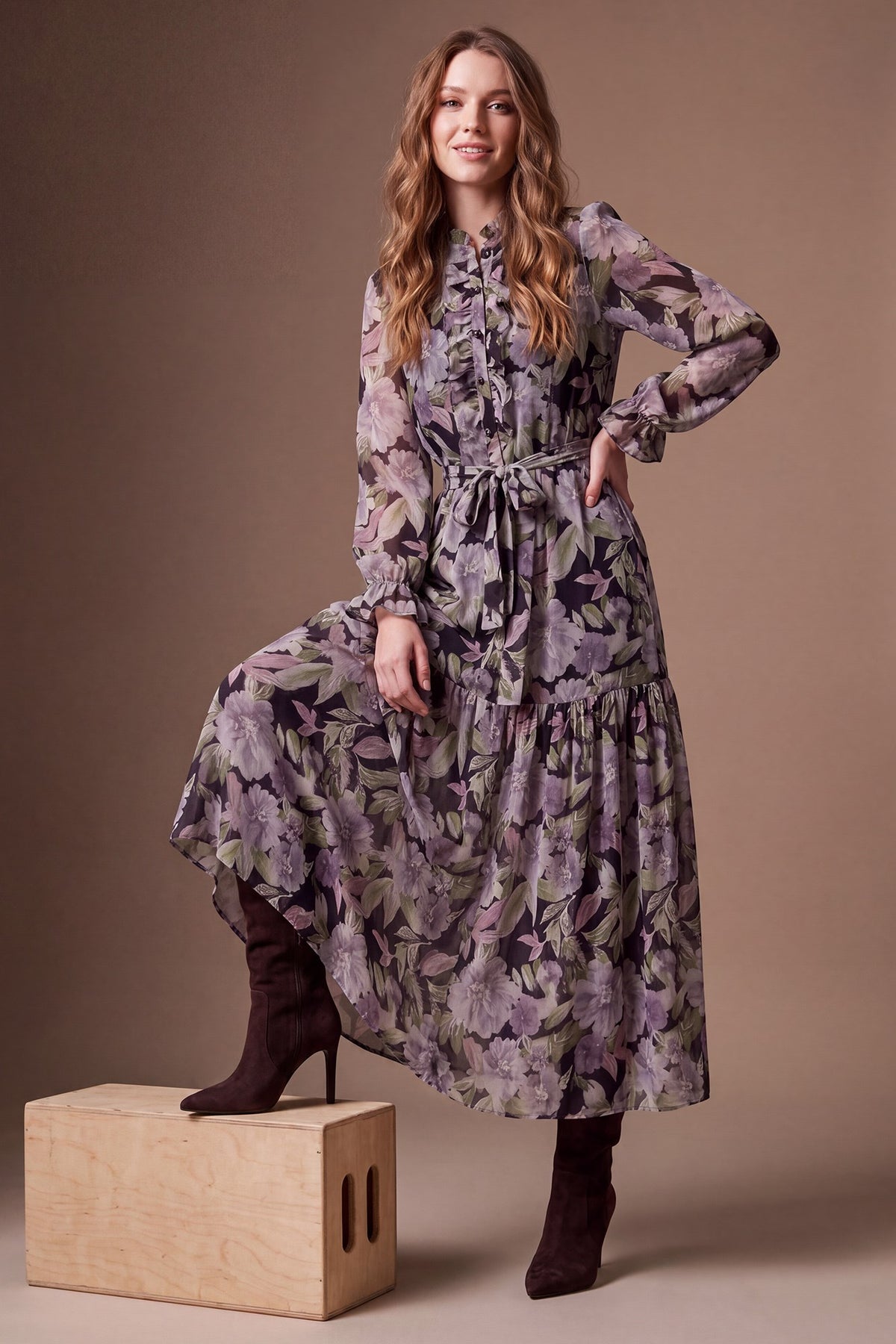 Ruffle Neck Floral Print Maxi Dress