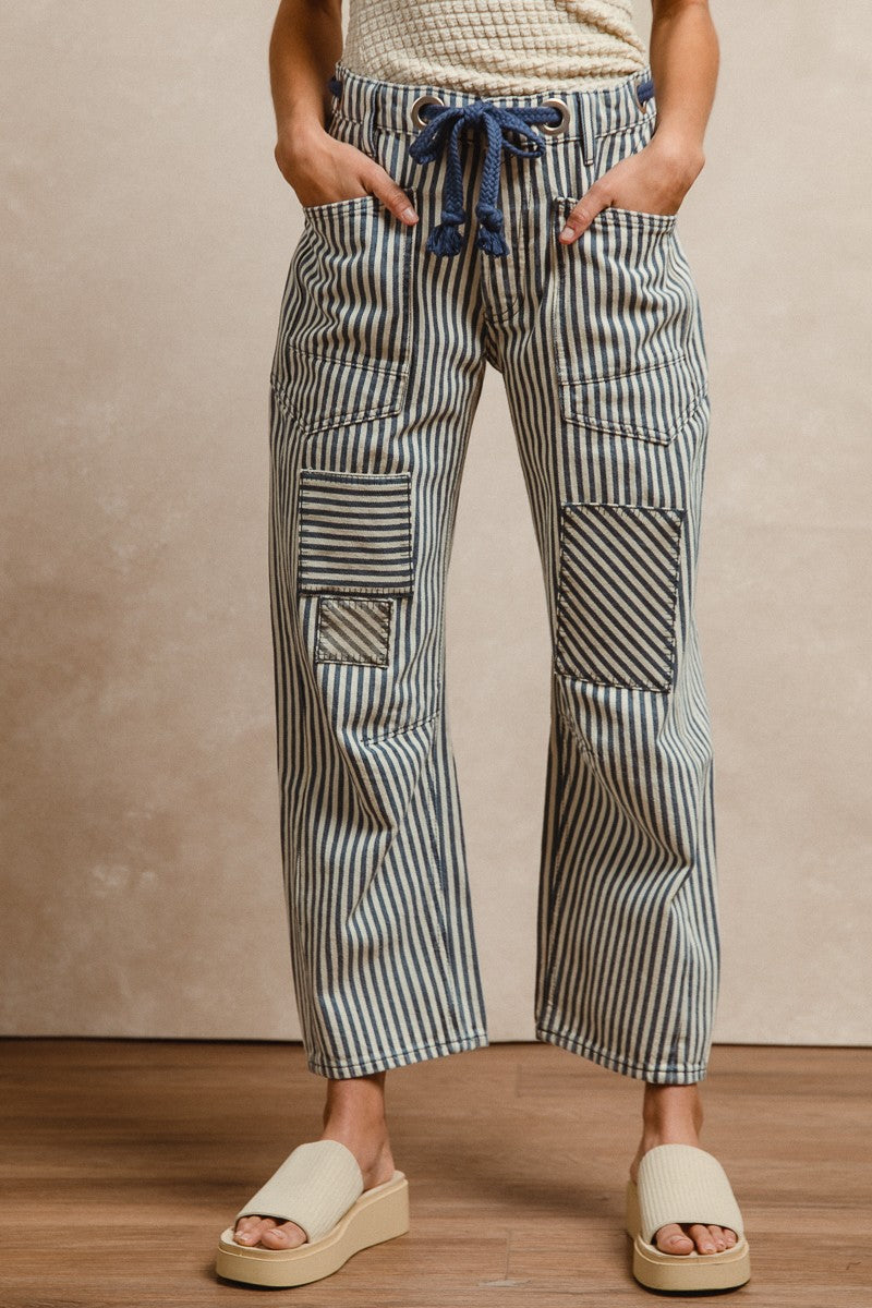 Striped Twill Barrel Leg Pants