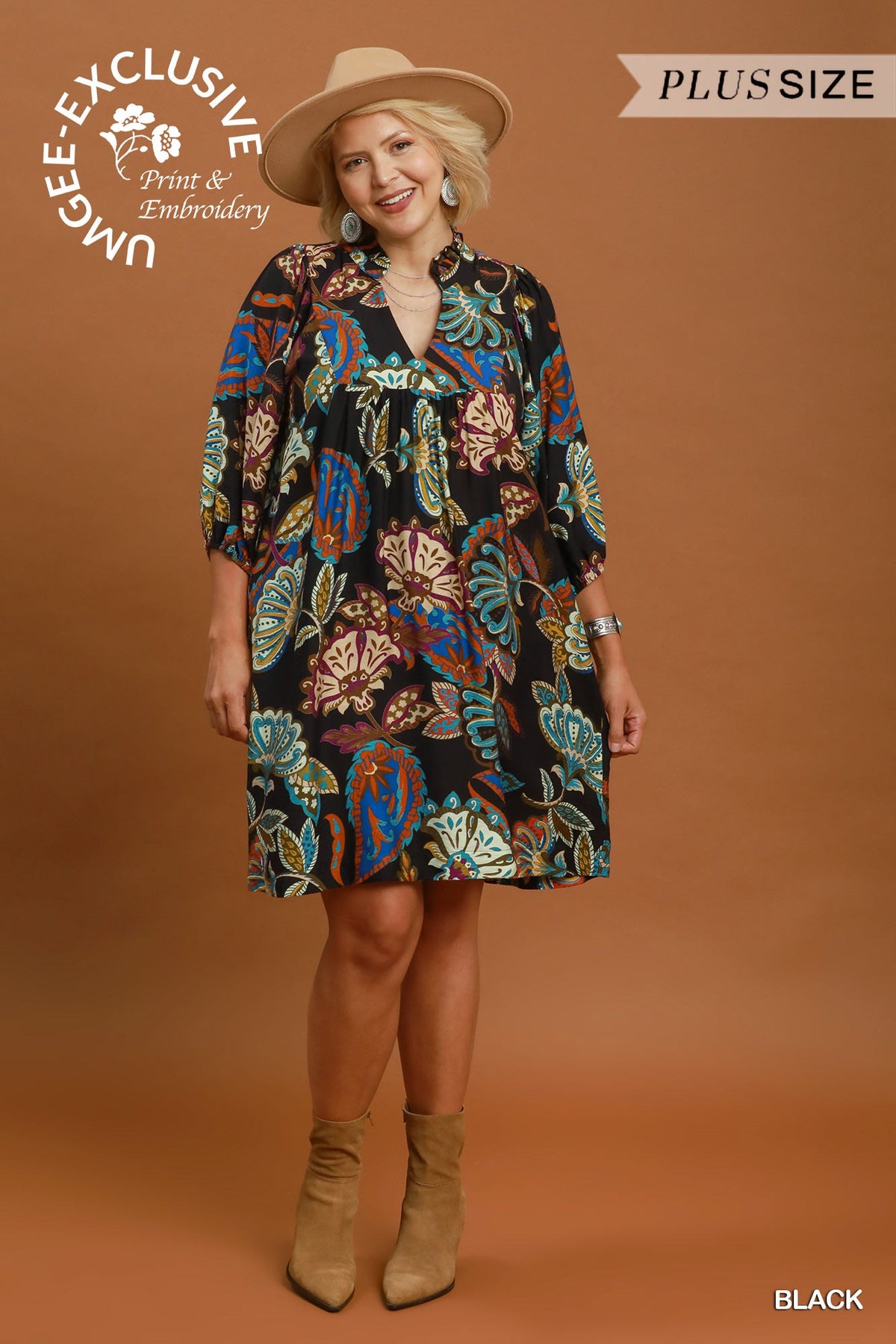 Abstract Print Puff Sleeve Babydoll Dress (XL - 2X)