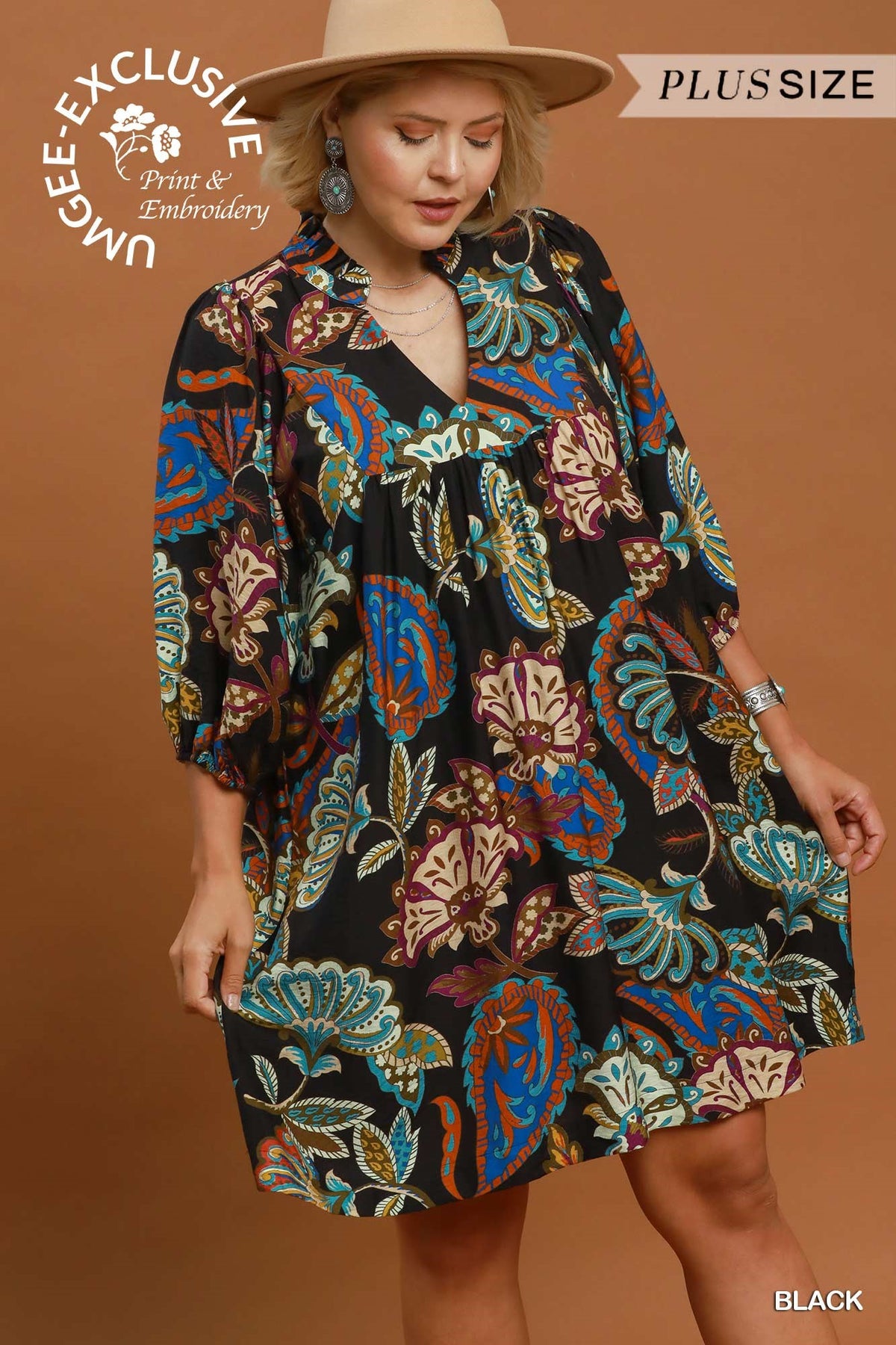 Abstract Print Puff Sleeve Babydoll Dress (XL - 2X)