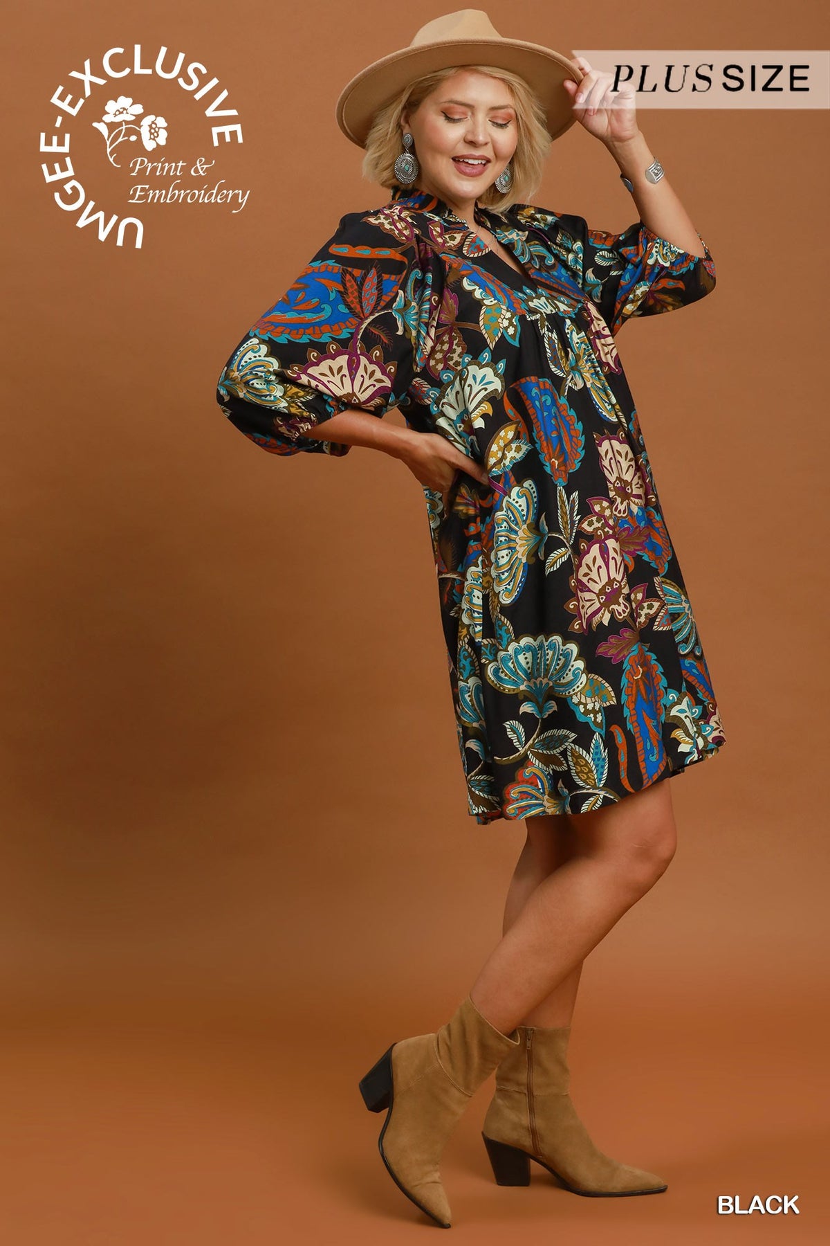 Abstract Print Puff Sleeve Babydoll Dress (XL - 2X)