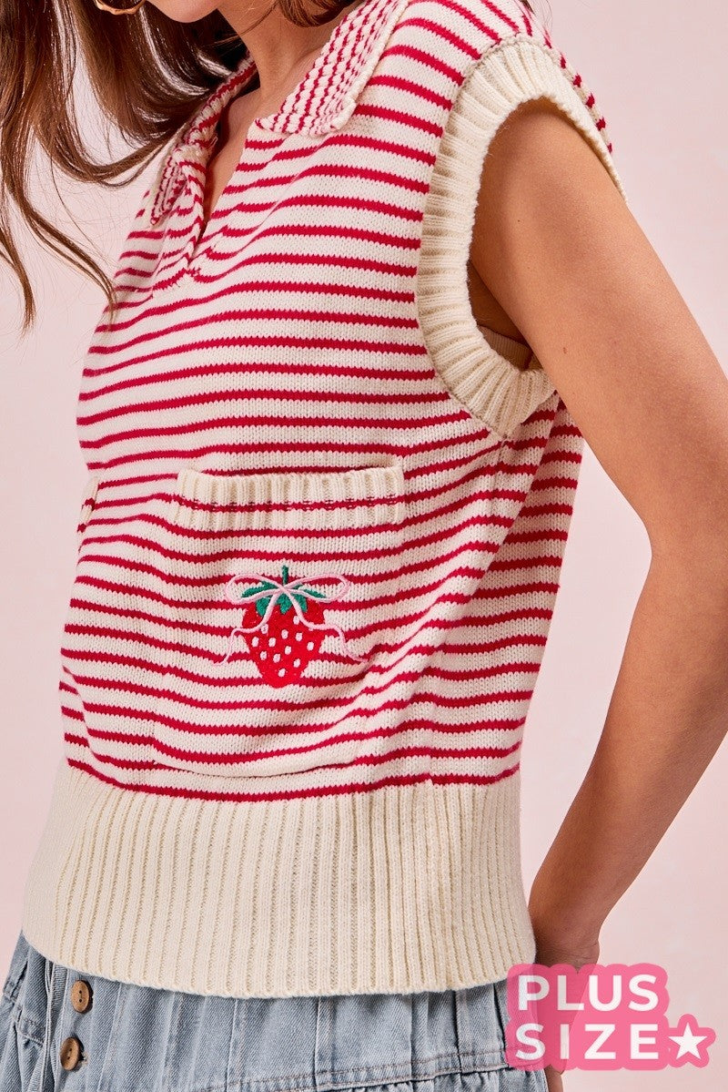Double Pocket Stripe Strawberry Knit Top (Plus Size)