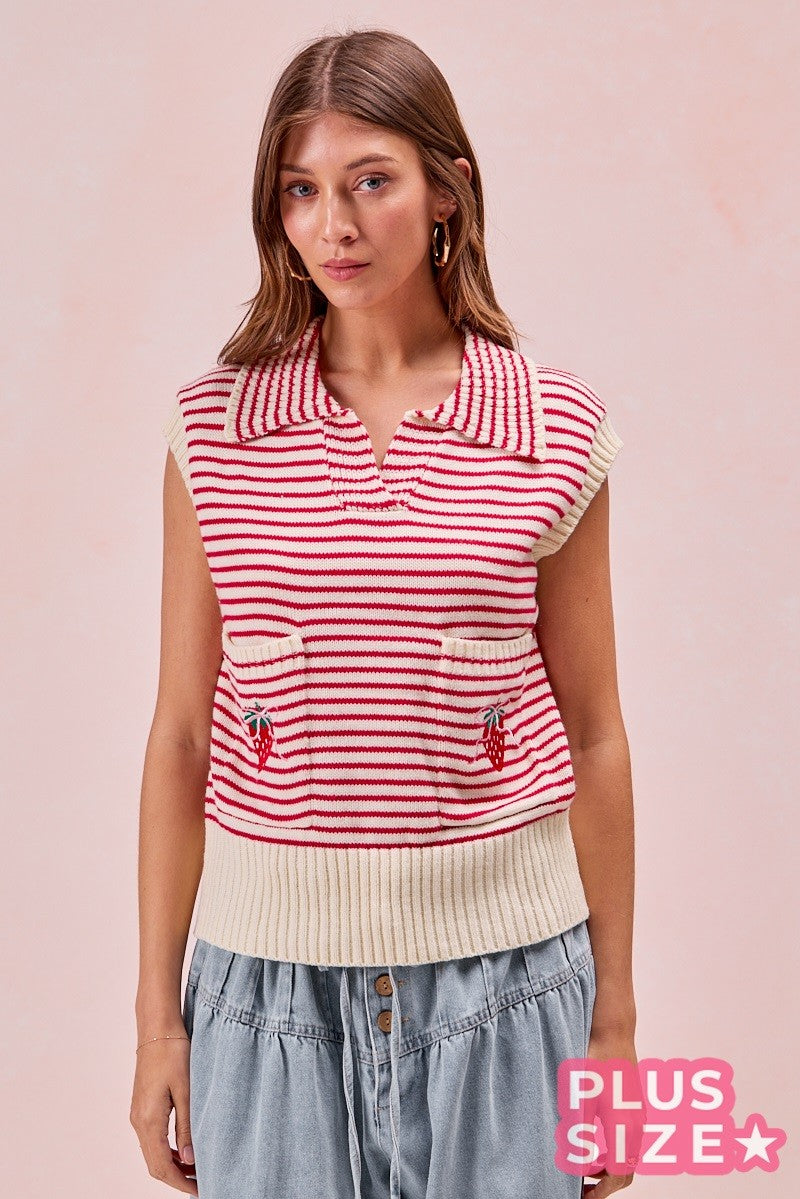 Double Pocket Stripe Strawberry Knit Top (Plus Size)