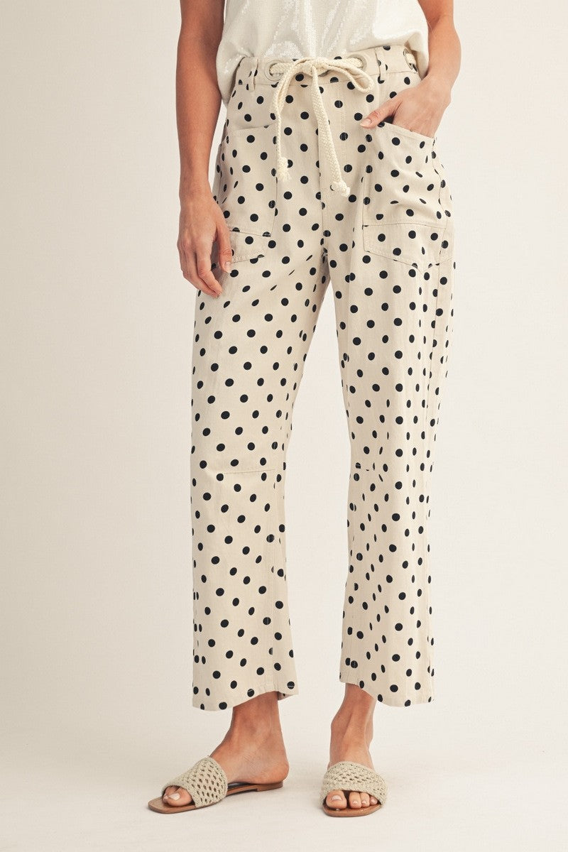 Drawstring Waist Barrell Leg Polka Dot Pants