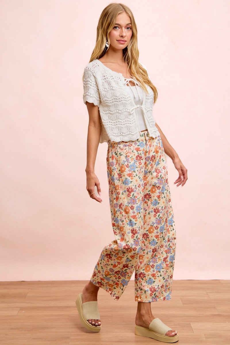 Floral Print Twill Barrel Leg Pants (1X - 3X)