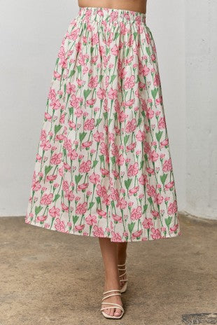 Floral Print Elastic Waist Midi Skirt (1X - 3X)