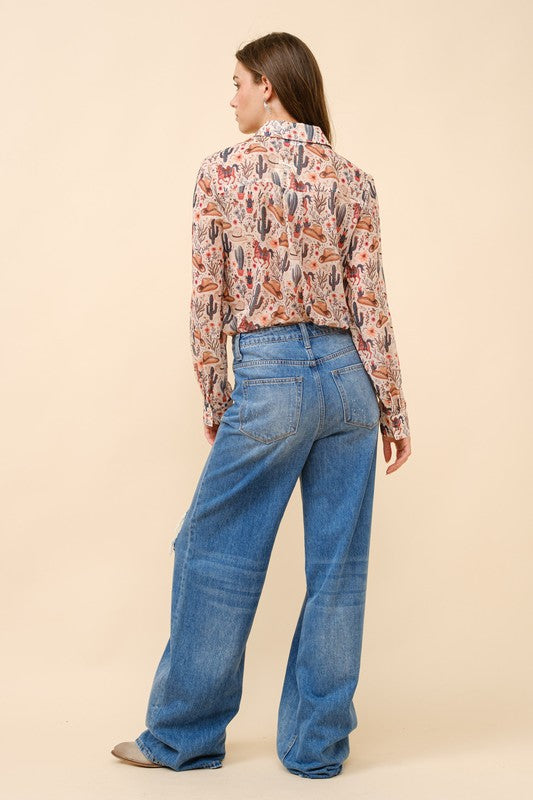 Chiffon Western Print Button Up Blouse