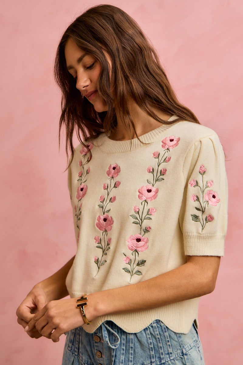 Floral Embroidered Short Sleeve Sweater