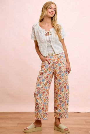 Floral Print Twill Barrel Leg Pants (1X - 3X)