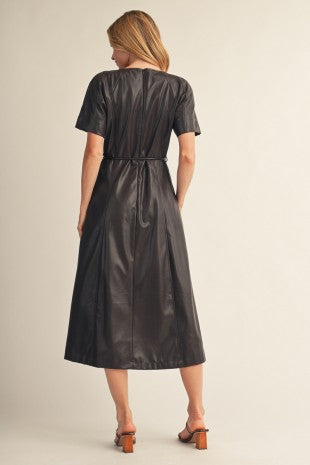 Waist Tie Faux Leather Midi Dress