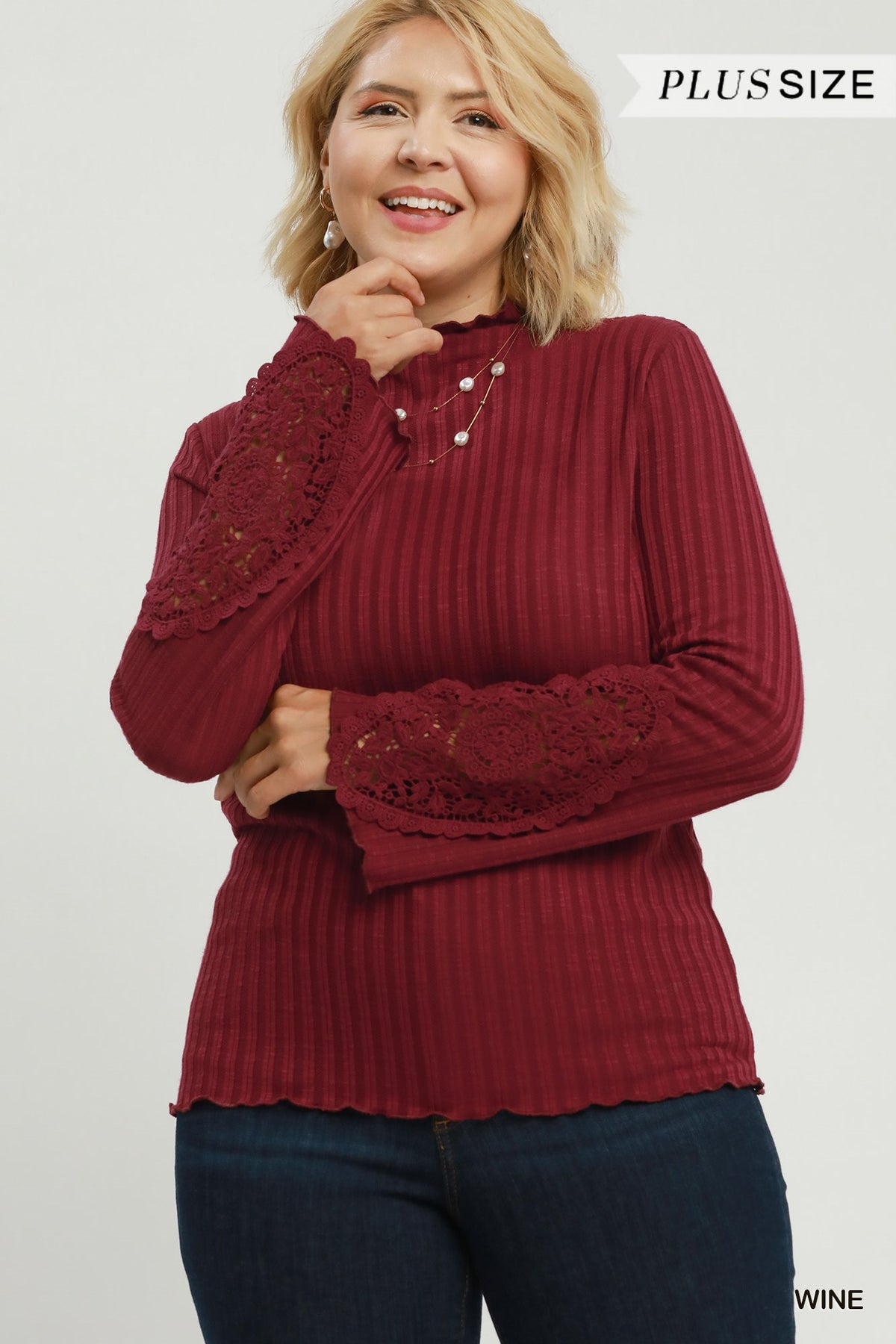 Ribbed Mock Neck Top w/ Crochet Lace Sleeve (XL - 2X)