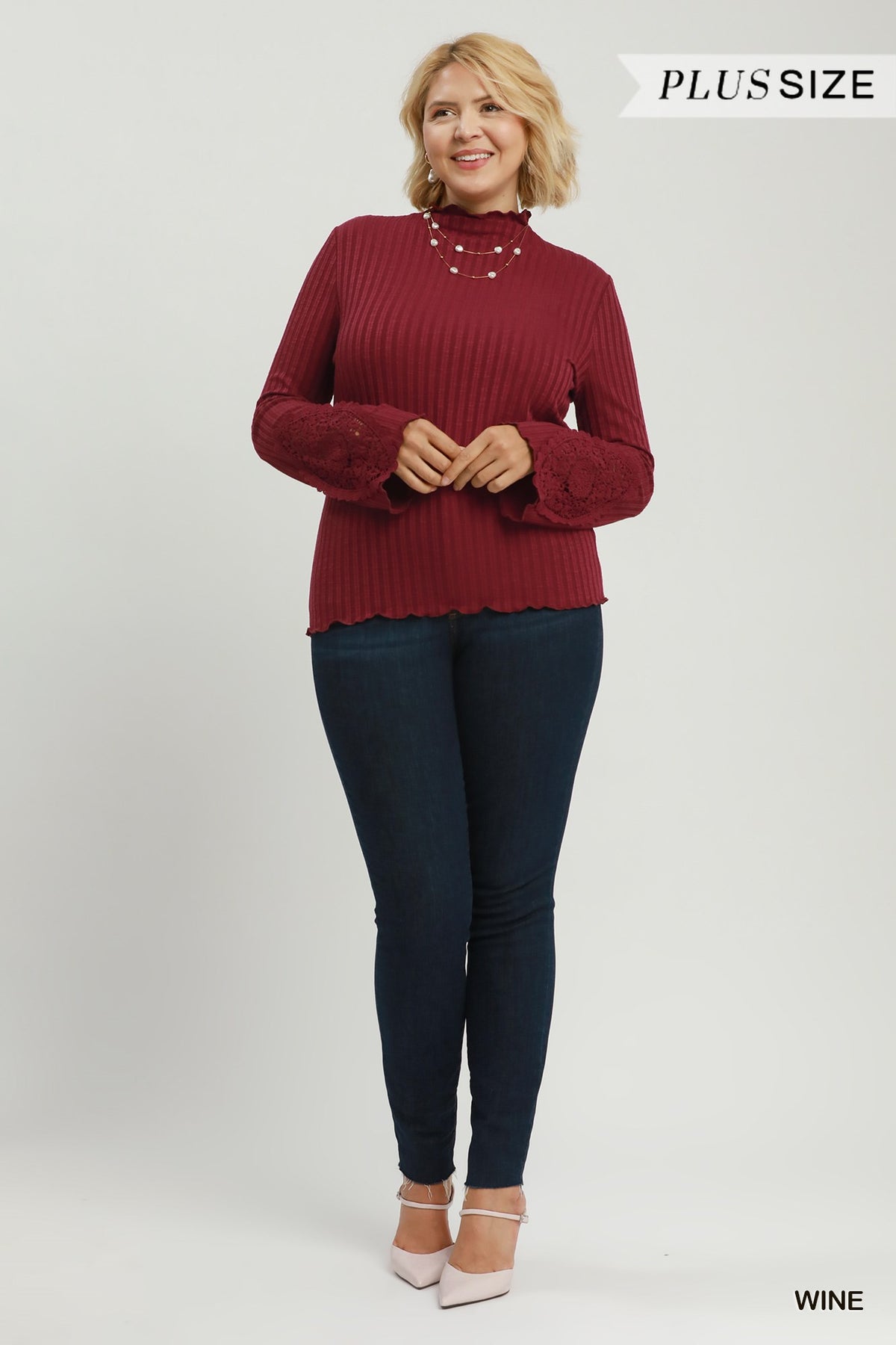 Ribbed Mock Neck Top w/ Crochet Lace Sleeve (XL - 2X)