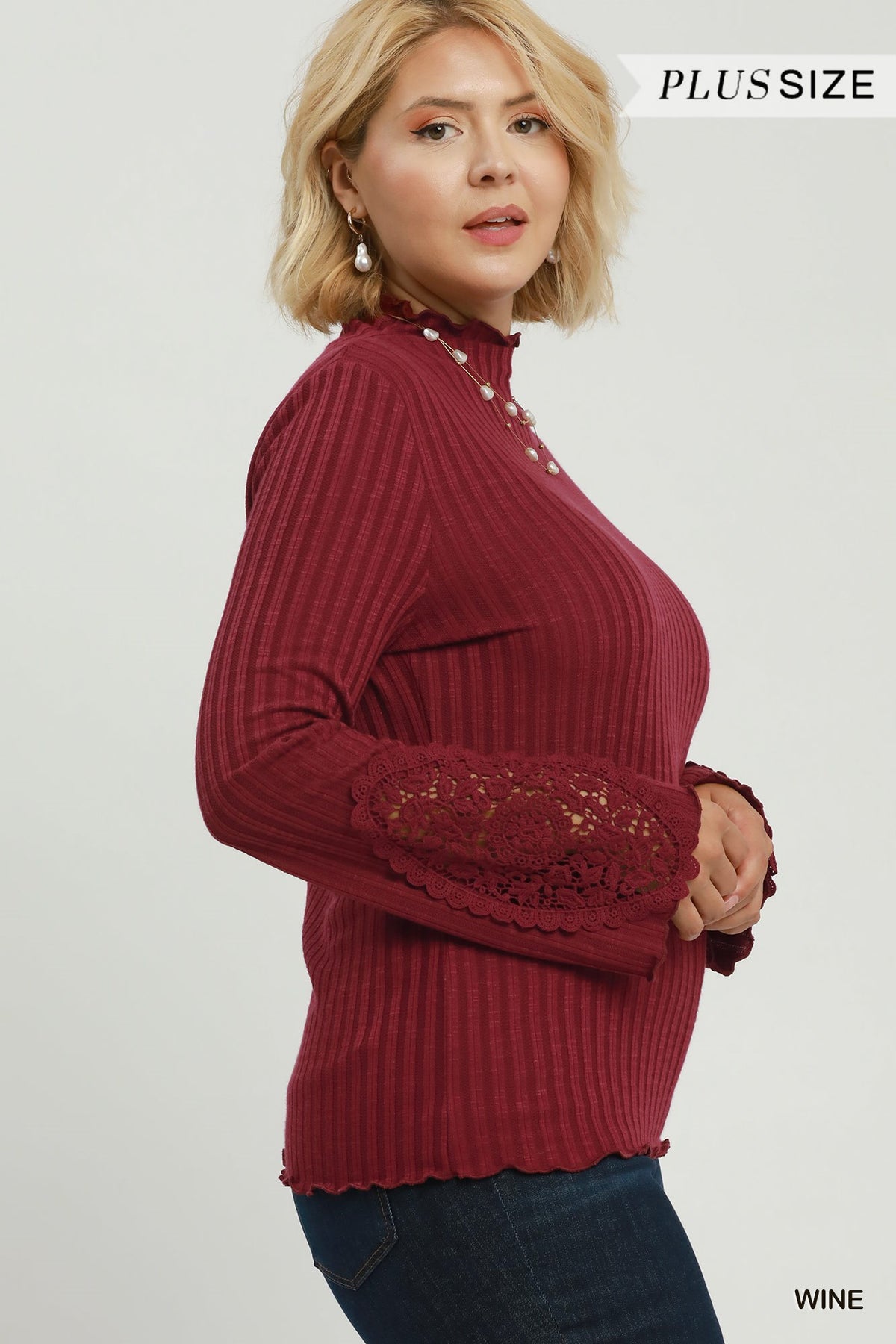 Ribbed Mock Neck Top w/ Crochet Lace Sleeve (XL - 2X)