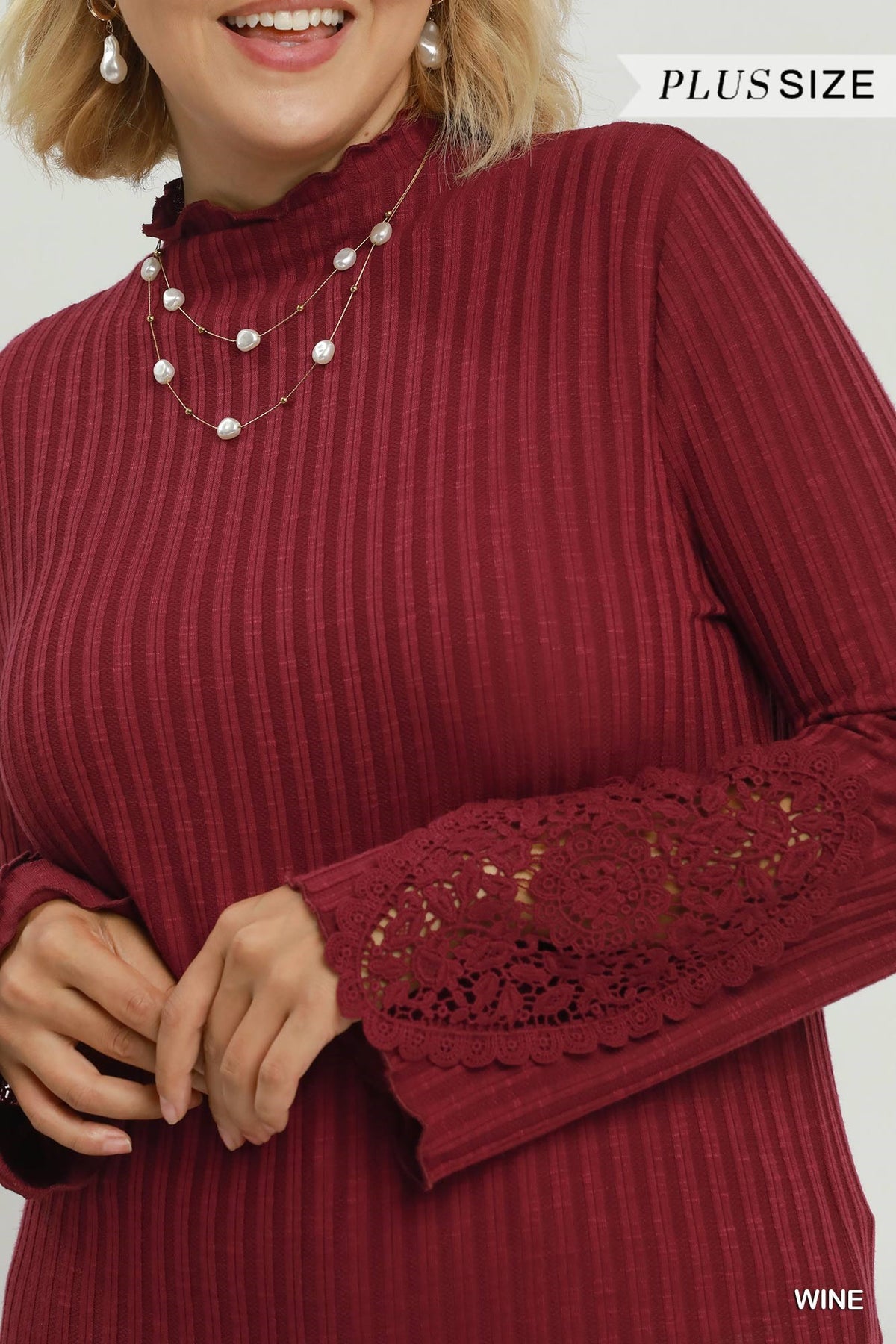 Ribbed Mock Neck Top w/ Crochet Lace Sleeve (XL - 2X)