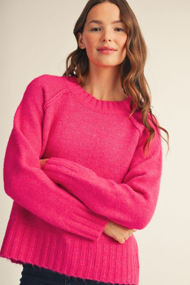 Cozy Exposed Seam Pullover Sweater (Fuchsia)