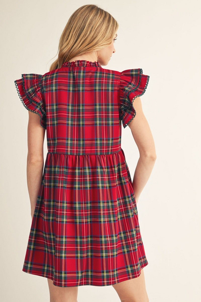 Double Ruffle Sleeve Plaid Dress