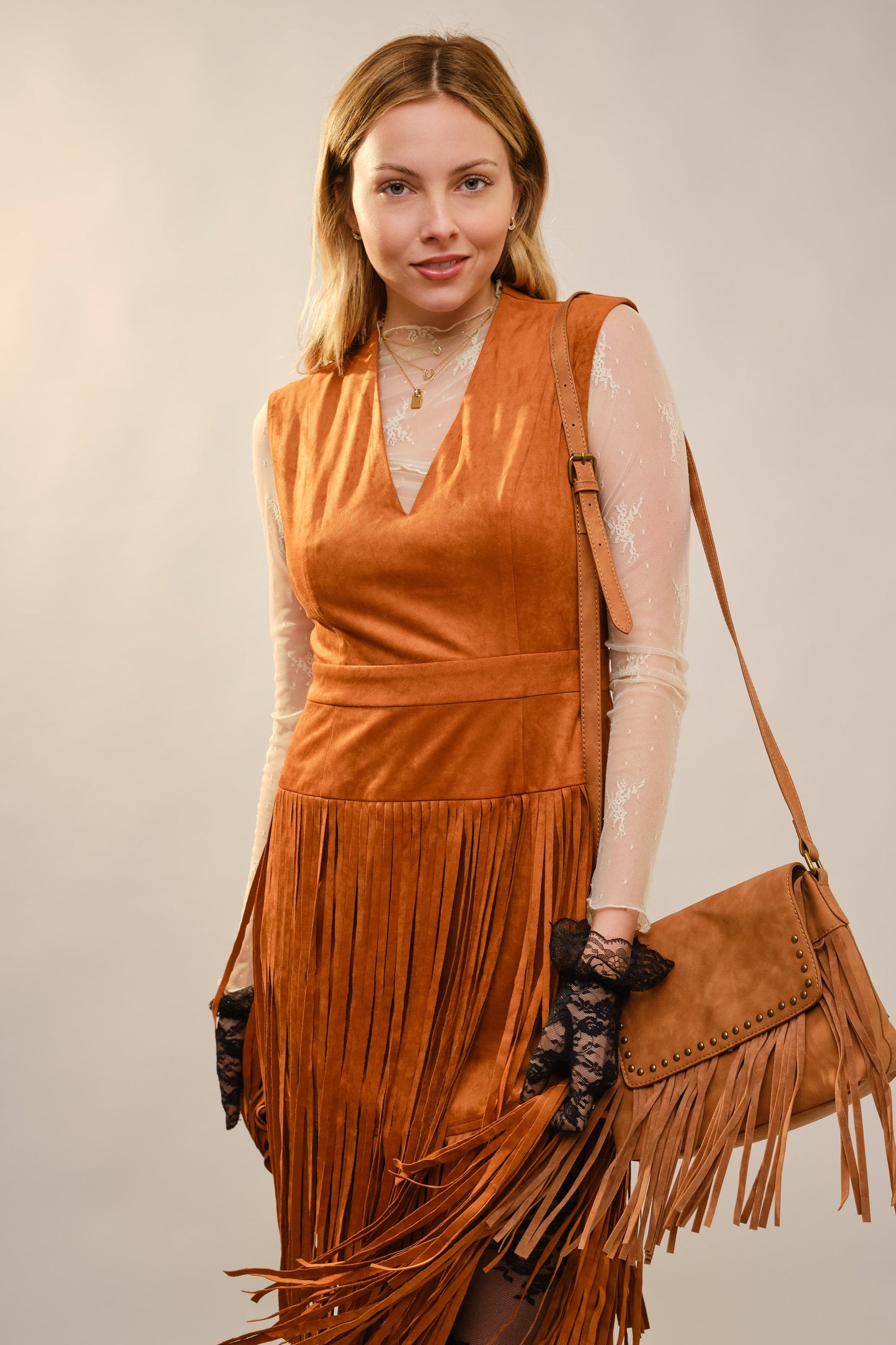 Faux Suede V-Neck Fringe Tiered Dress
