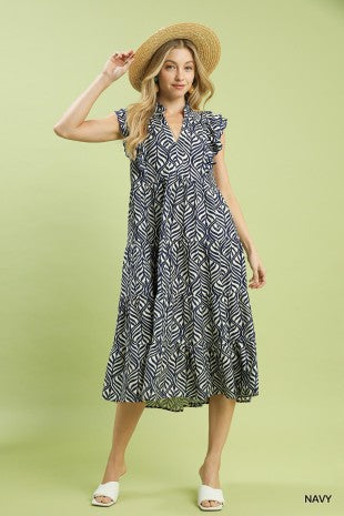 Navy Print Scallop Ruffle Sleeve Midi Dress