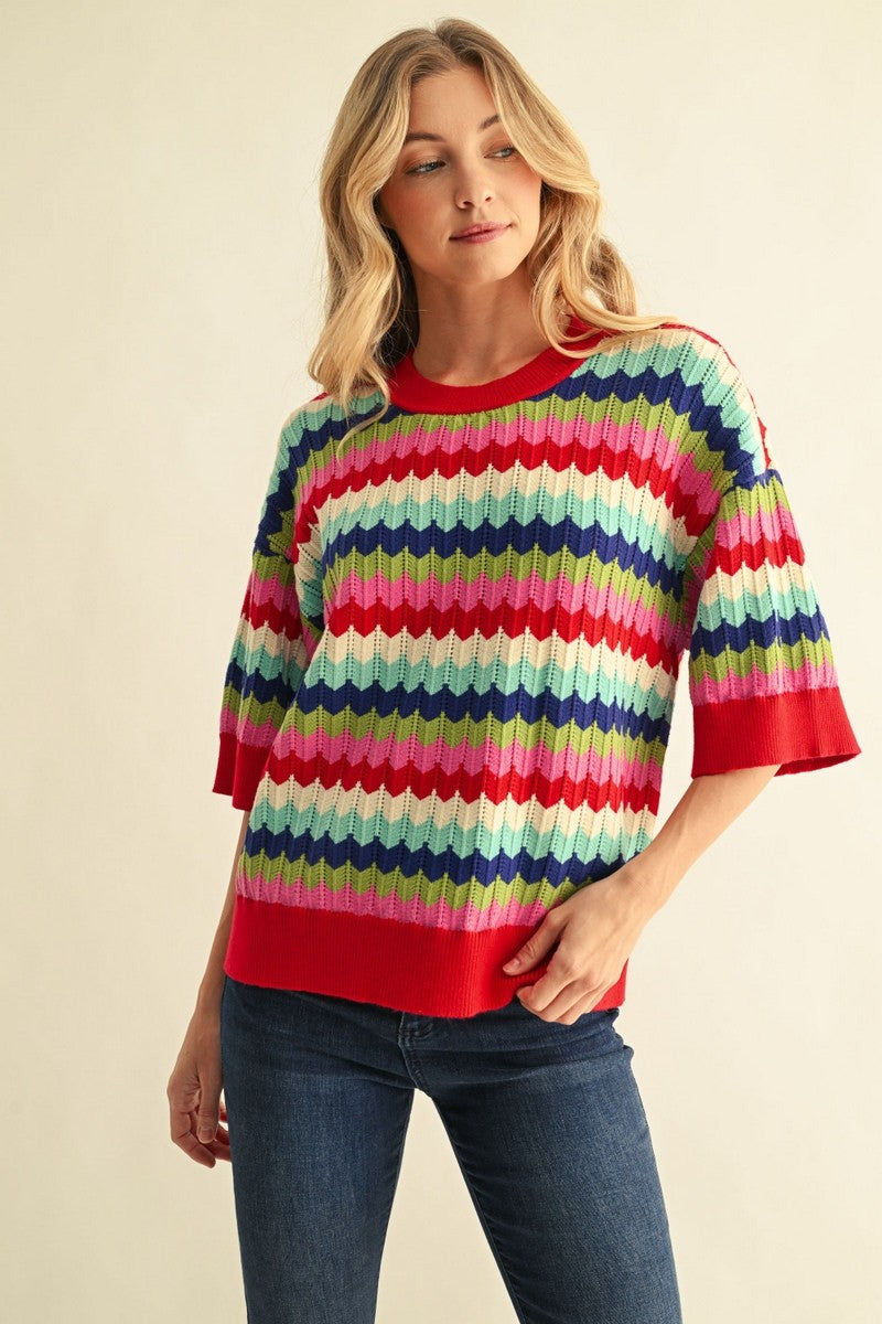 Multi Color Zig Zag Short Sleeve Sweater