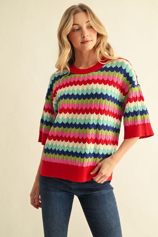 Multi Color Zig Zag Short Sleeve Sweater