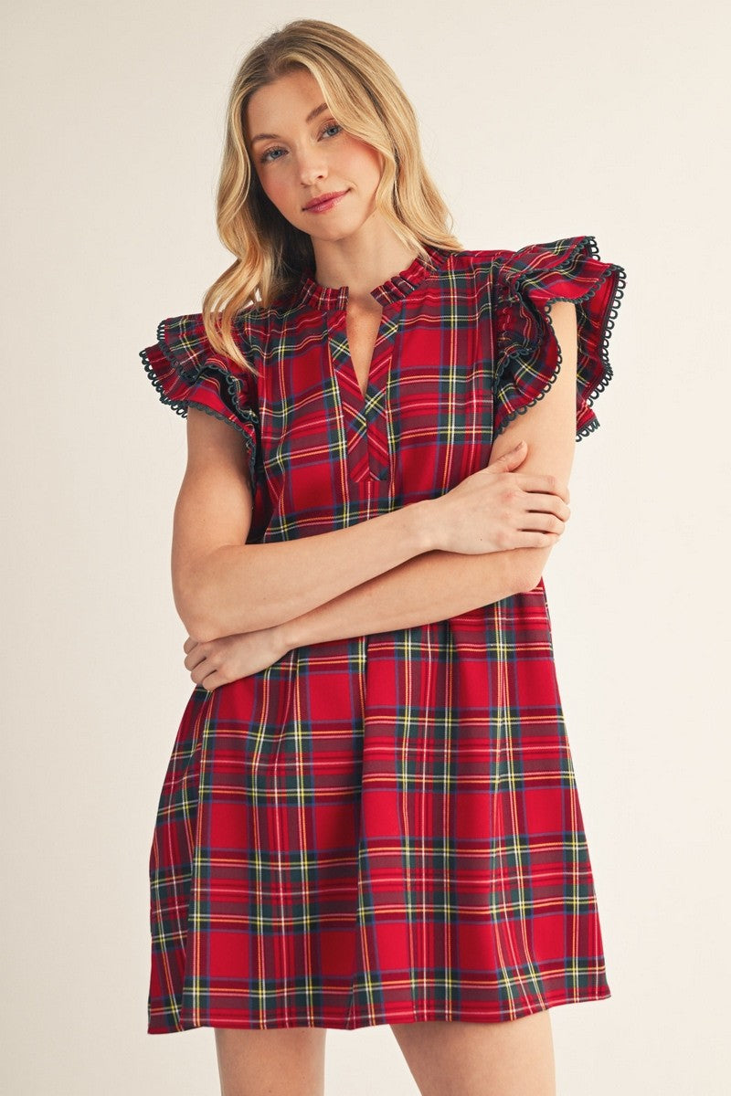 Double Ruffle Sleeve Plaid Dress