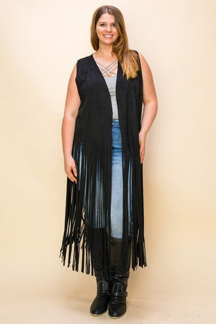Cowgirl Long Fringe Vest (Black - 1X - 3X)