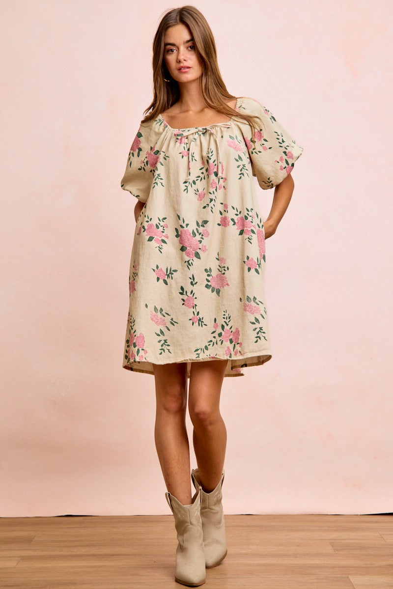 Square Neck Floral Print Denim Dress