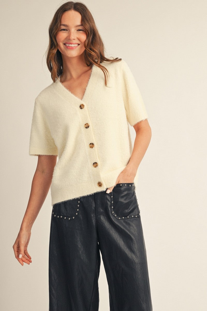 Short Sleeve V-Neck Fuzzy Cardigan (Cream)