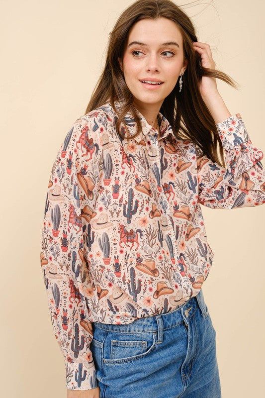 Chiffon Western Print Button Up Blouse