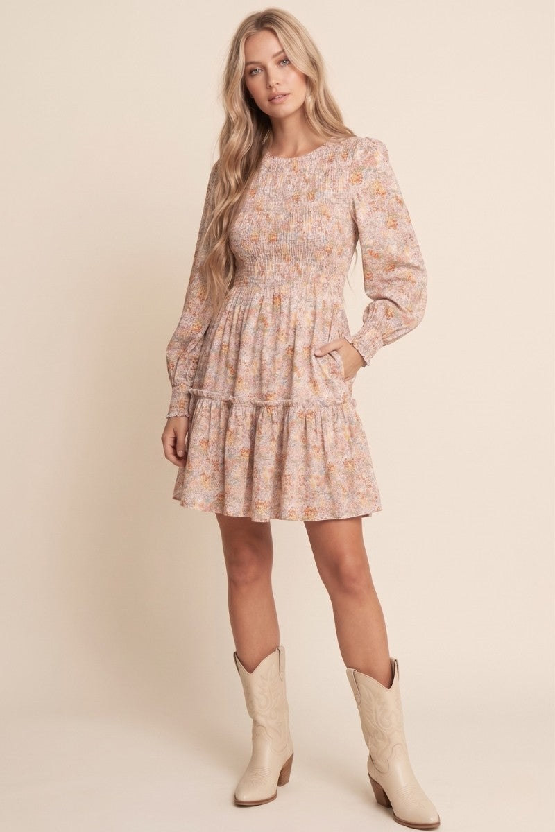Smocked Bodice Long Sleeve Floral Print Dress