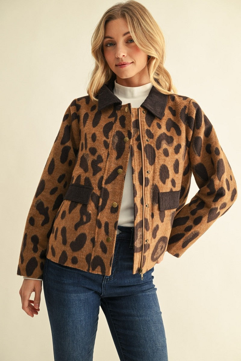Corduroy Contrast Animal Print Barn Jacket