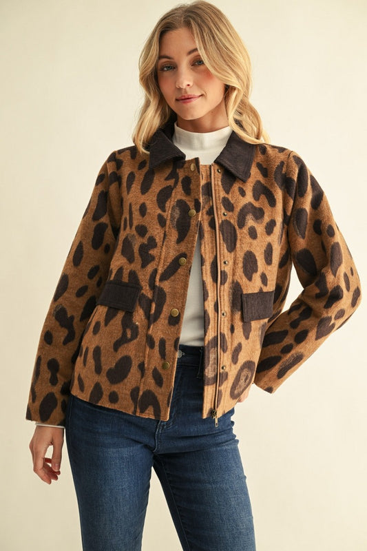 Corduroy Contrast Animal Print Barn Jacket