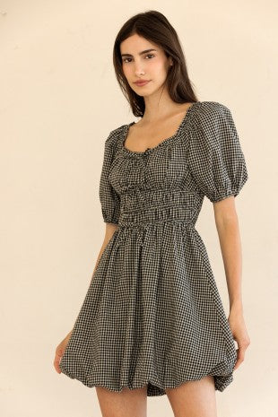 Gingham Puff Sleeve Dress w/ Bubble Hem