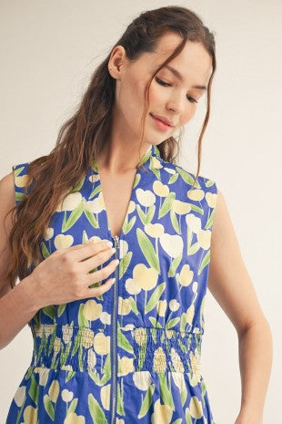 Smocked Waistline Zip Up Floral Midi Dress w/ Pockets