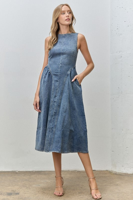 Tie Back Denim Midi Dress w/ Pockets