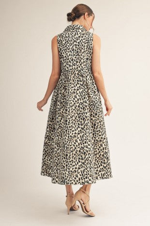 Sleeveless Leopard Print Midi Dress w/ Pockets