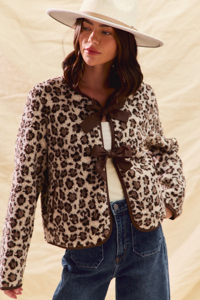 Leopard Sherpa Jacket with Bows