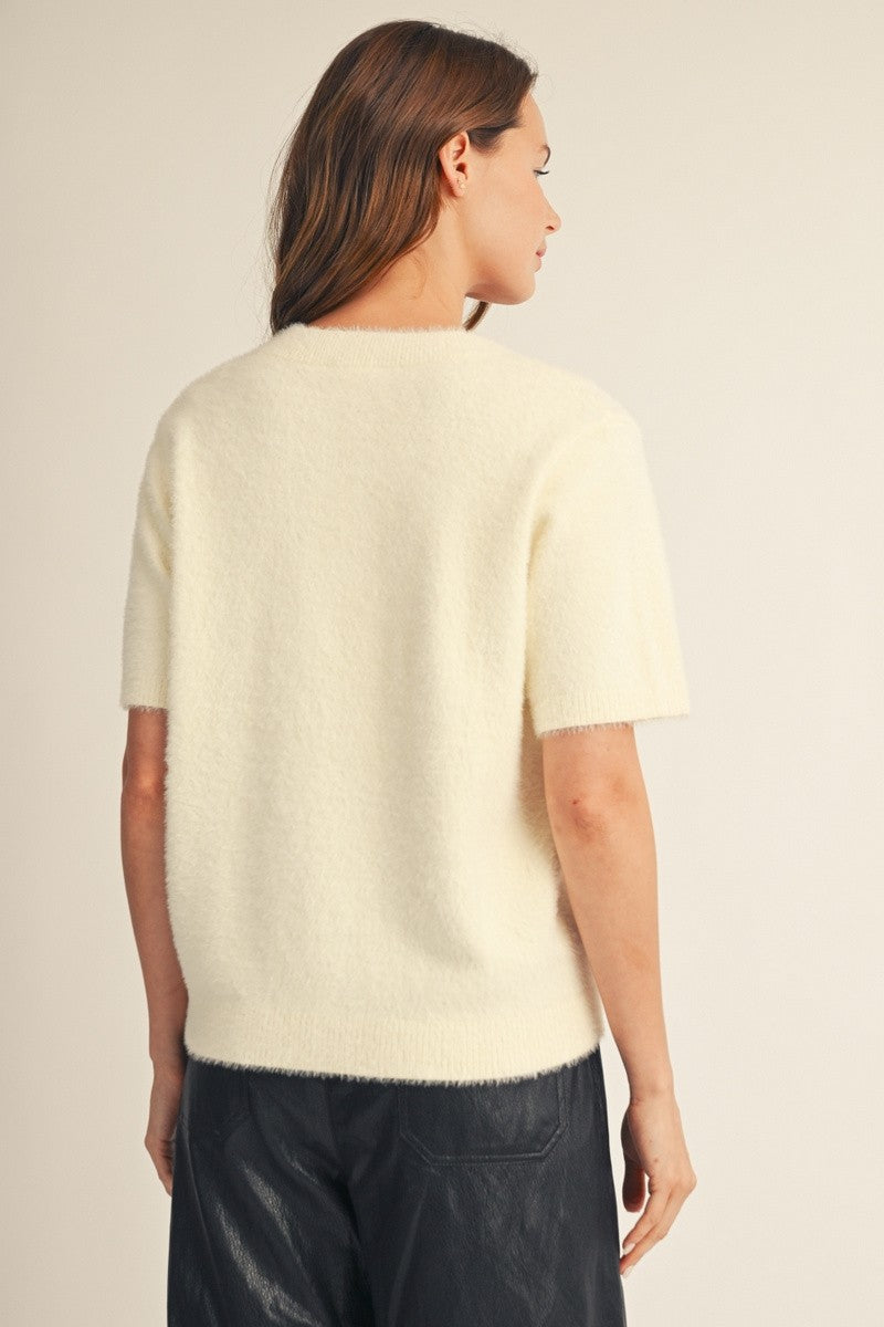 Short Sleeve V-Neck Fuzzy Cardigan (Cream)