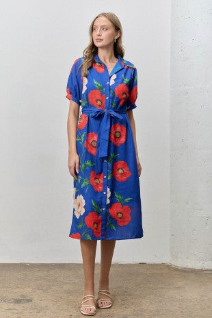 Bold Floral Print Puff Sleeve Midi Dress (S - 3XL)