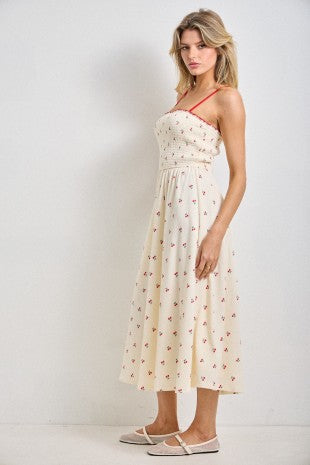 Cherry Print Smocked Bodice Midi Dress (XS - 3X)