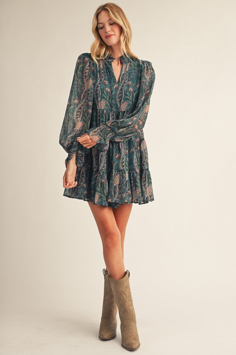 Puff Sleeve Fall Floral Chiffon Dress