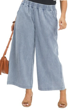 Elastic Waist Striped Denim Pants